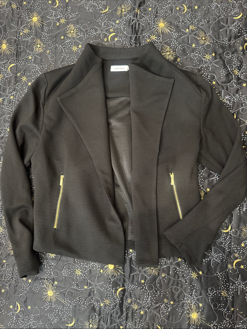 Calvin Klein Black Open-Front cropped jacket with gold zippers